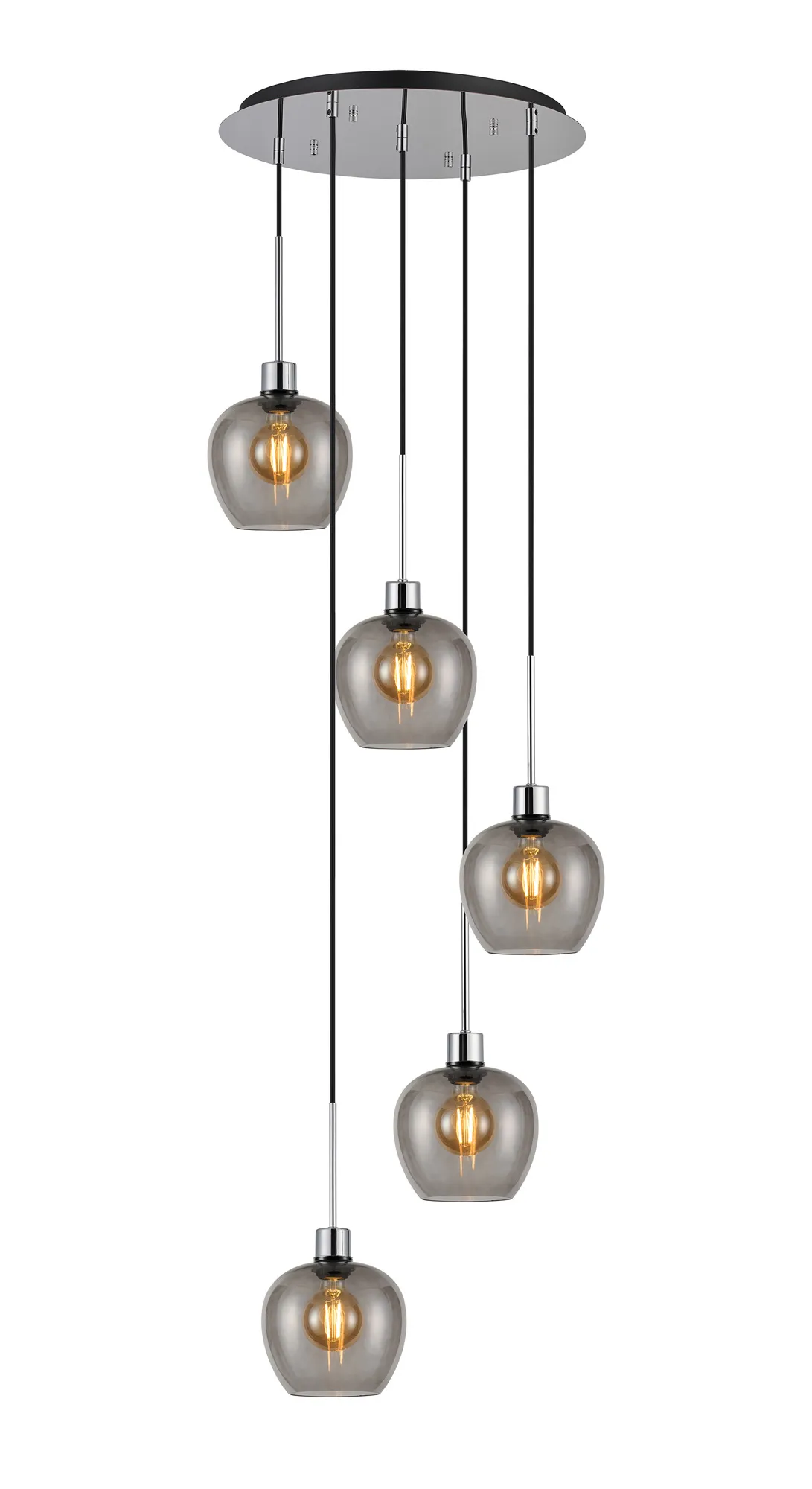 DK1292  Lori 45cm Round Pendant, 5 Light Adjustable E27, Polished Chrome/Smoke Wine Shades
